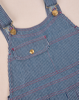 Close up of Carpenter Overalls in Railroad. Red stitching and brass details.