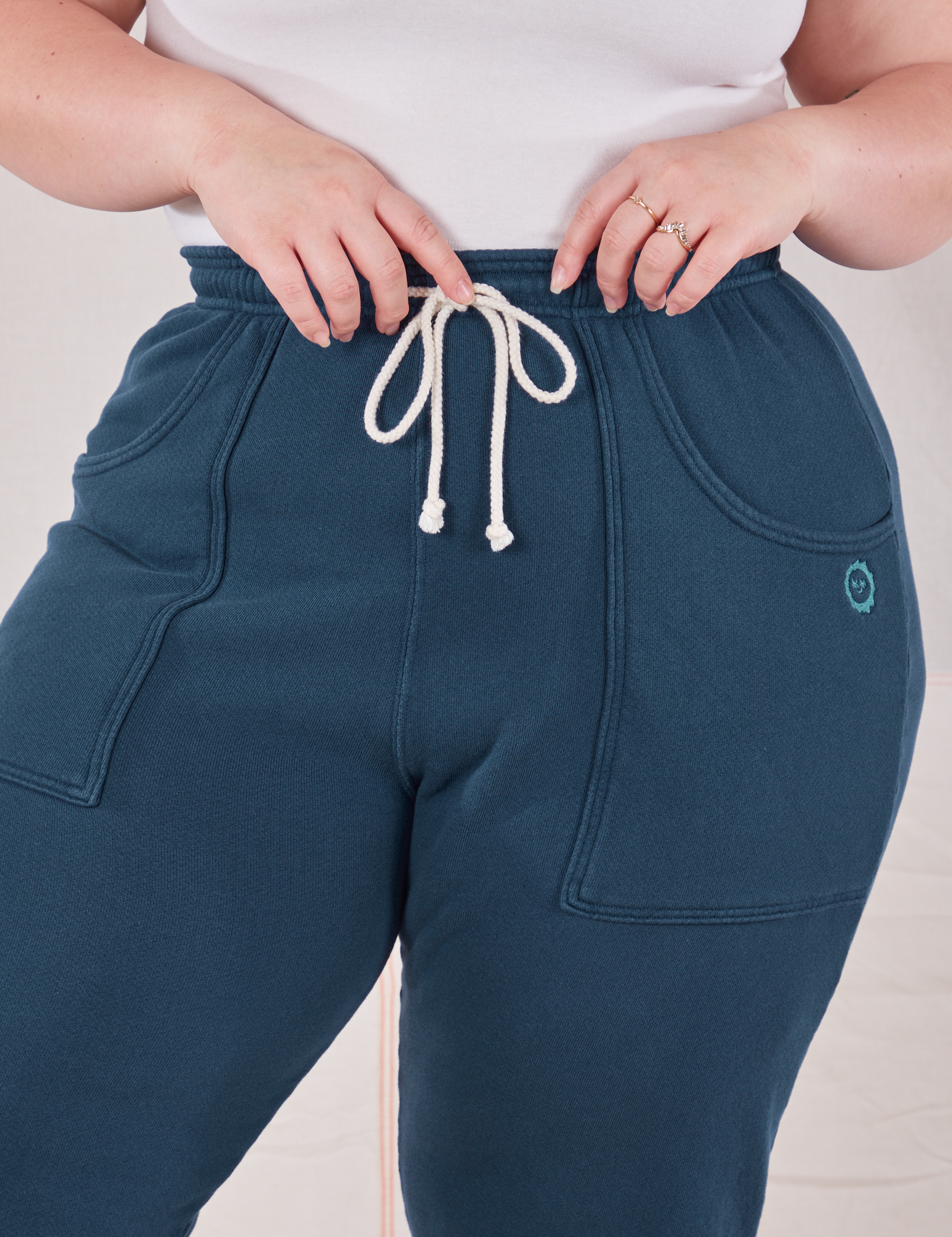 Rolled Cuff Sweat Pants in Lagoon front close up on Ashley