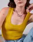 Cropped Tank Top in Golden Yellow front close up on Alex