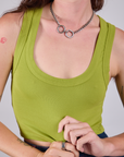 Front close up of Cropped Tank Top in Gross Green on Alex