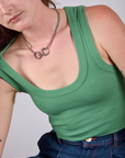 Close up of Cropped Tank Top in Seafoam Green on Alex