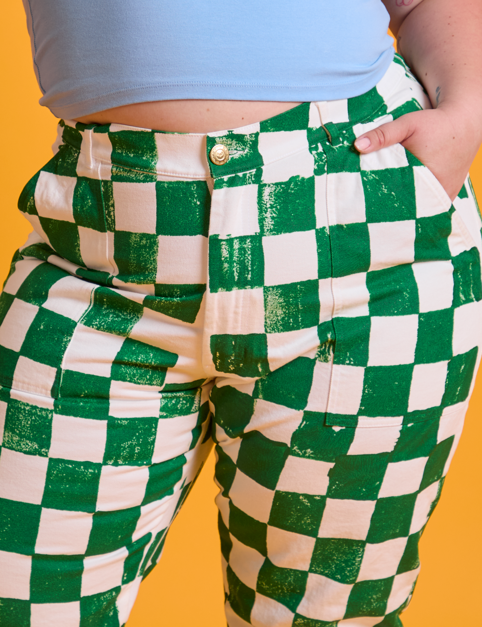 Checkerboard Work Pants in White/Green front close up on Ashley