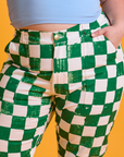 Checkerboard Work Pants in White/Green front close up on Ashley