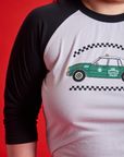 Taxi Raglan Tee in Los Angeles front close up on Ashley