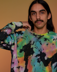 Magic Waters Long Sleeve Burly Tee in Rainbow front close up on Anthony