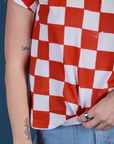 Checker Organic Tee in Red close up on Alex