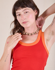 Colorblock Cropped Tank in Mustang Red close up on Alex