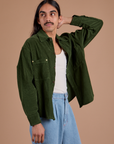 Angled front view of Cropped Corduroy Overshirt in Evergreen on Anthony