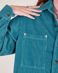 Front pocket close up of Corduroy Overshirt in Marine Blue on Alex