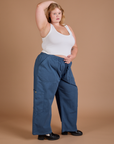 Angled front view of Drop Pocket Cargo Pants in French Blue and Cropped Tank in vintage tee white