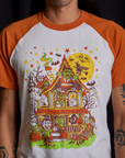 Short Sleeve Raglan Tee in Haunted House front close up on Anthony