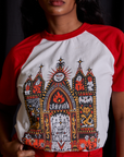 Short Sleeve Raglan Tee in Gates of Hell front close up on Kandia