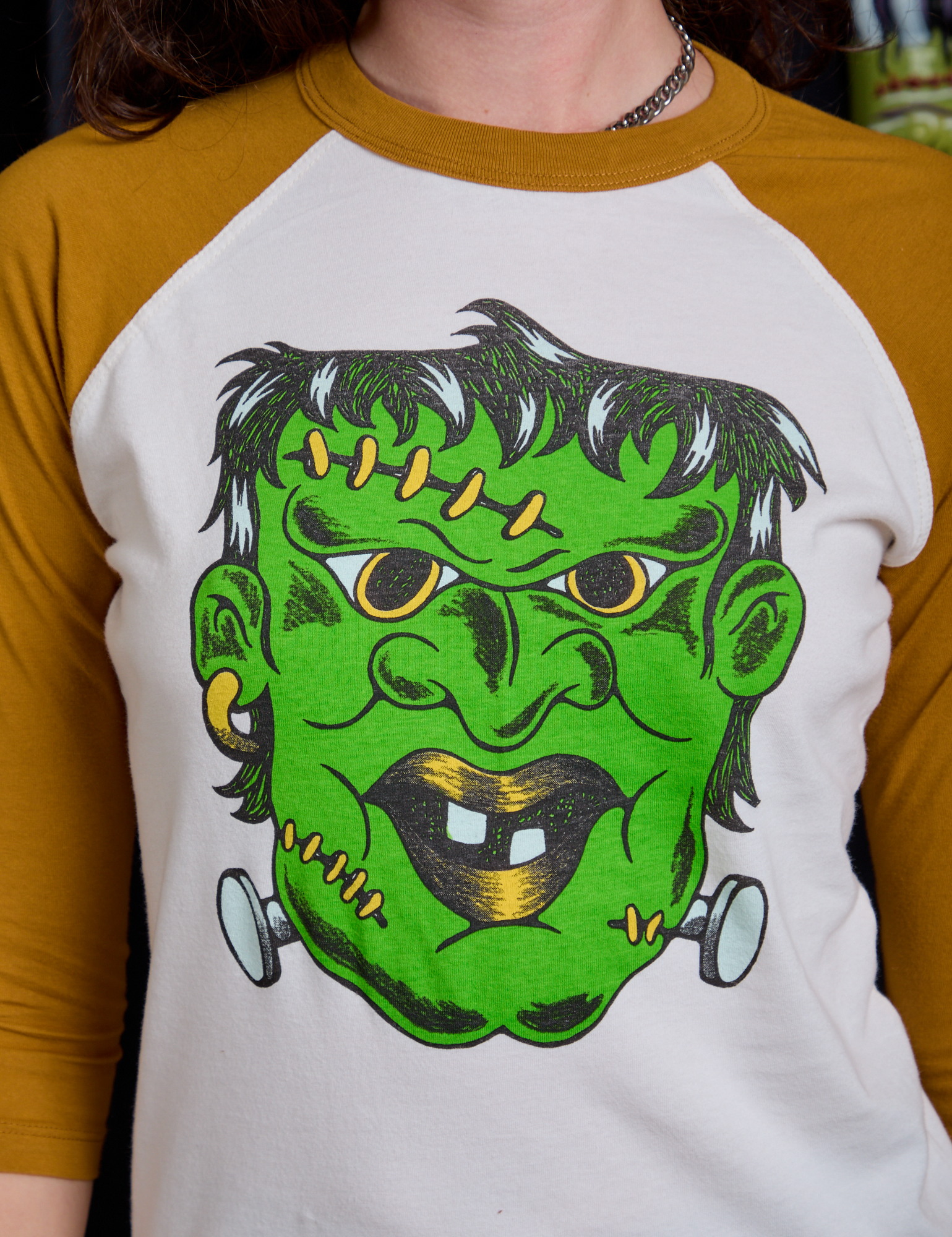 Raglan Tee in Frankenstein close up on Alex