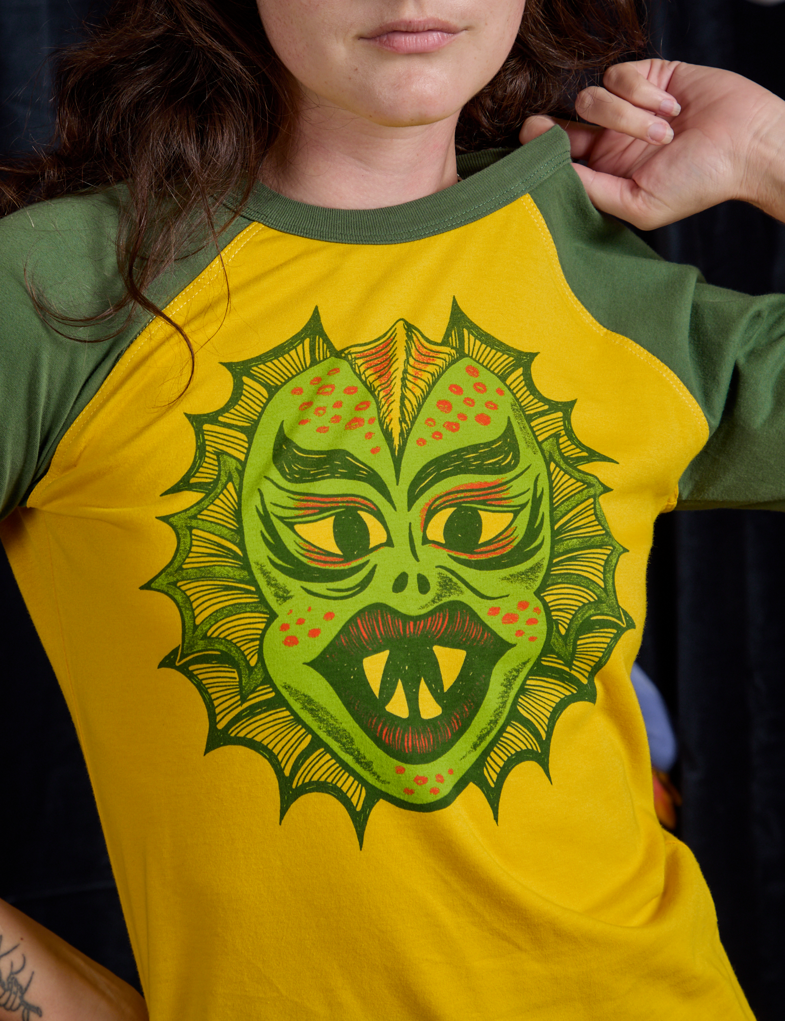 Front close up of Raglan Tee in Creature on Alex