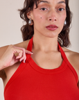 Halter Top in Mustang Red front close up on Tiara