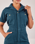 Heritage Short Sleeve Jumpsuit in Lagoon front close up on Mika