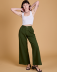 Heritage Wide Leg Trousers in Evergreen and Cropped Tank in Vintage Tee White on Alex