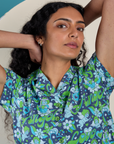 Front close up of Angel Print Pantry Button-Up on Shahana