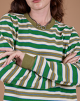 Long Sleeve Striped Burly Tee in Green front close up on Alex