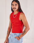 Muscle Tee in Mustang Red angled front view on Anthony