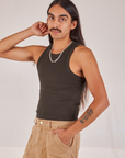 Racerback Tank in Espresso Brown angled front view on Anthony