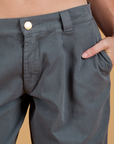 Baggy Mid-Rise Trousers in Slate Grey front close up on Alex