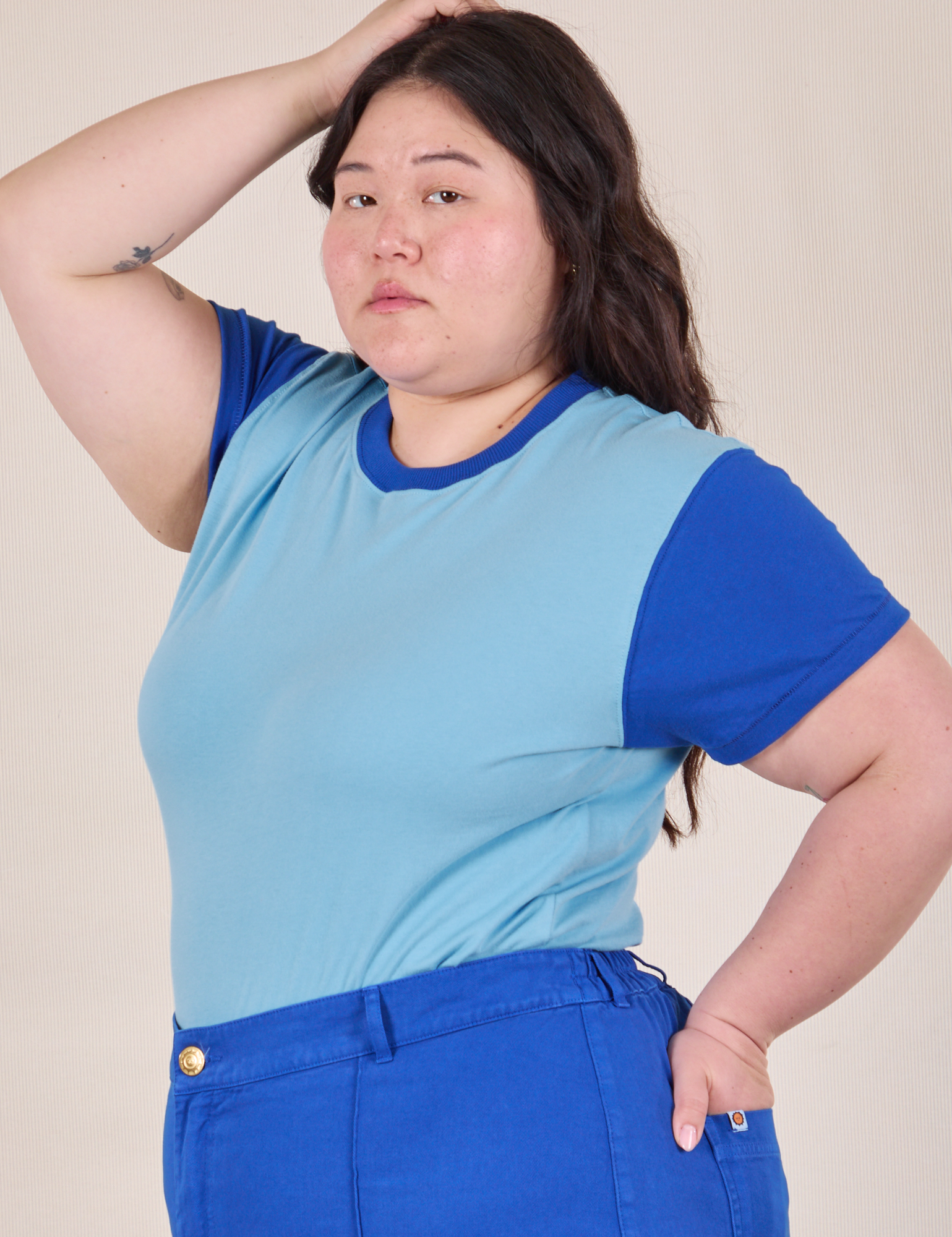 Mismatched Tee in Baby & Royal Blue side view on Ashley