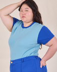 Mismatched Tee in Baby & Royal Blue side view on Ashley