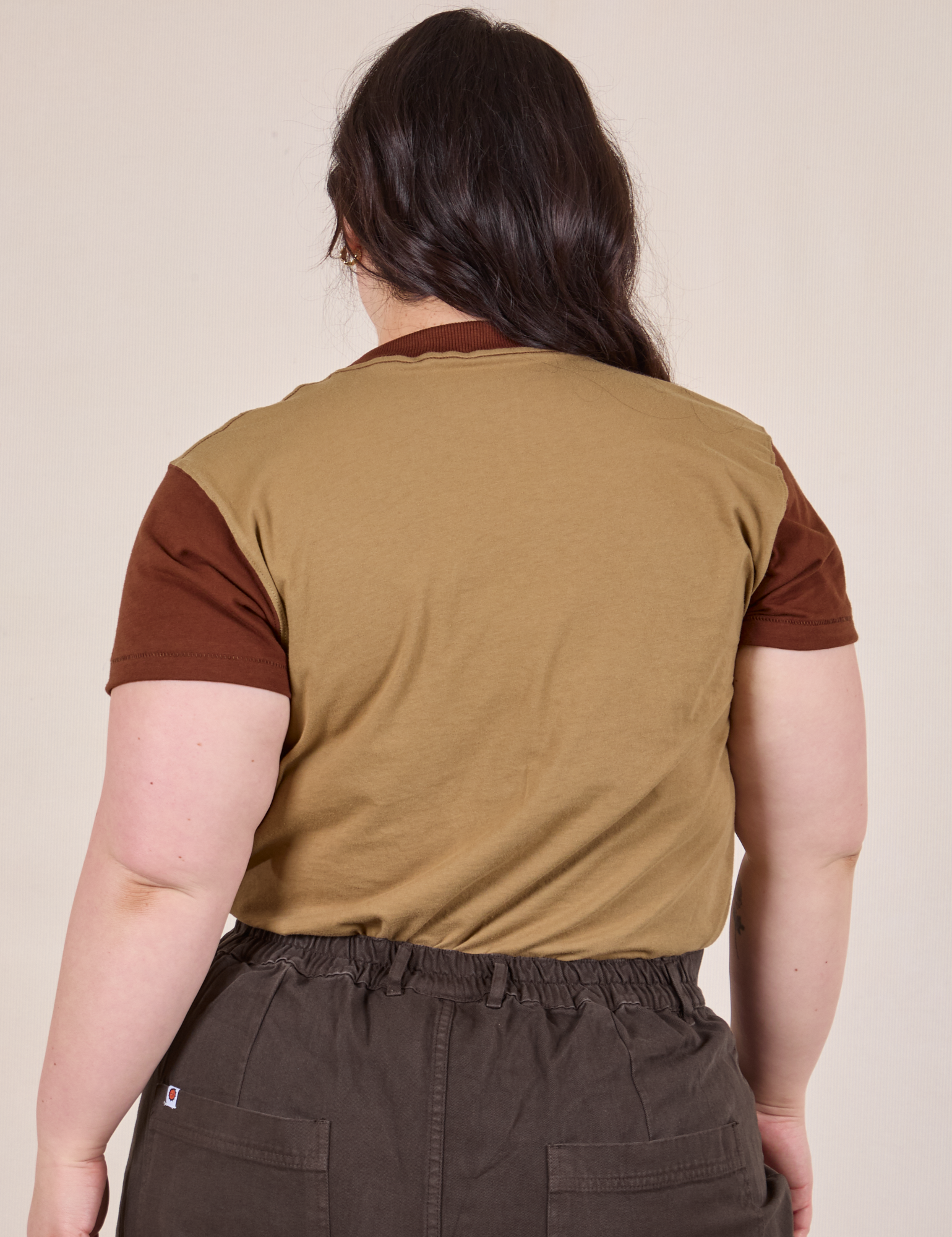 Mismatched Tee in Tan & Brown back view on Ashley