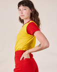 Side view of Mismatched Tee in Yellow & Red on Alex