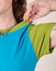 Mismatched Tee in Blue & Green collar close up