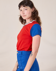 Side view of Mismatched Tee in Red & Blue on Alex