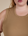 Front close up of Muscle Tee in Desert Brown on Juliet