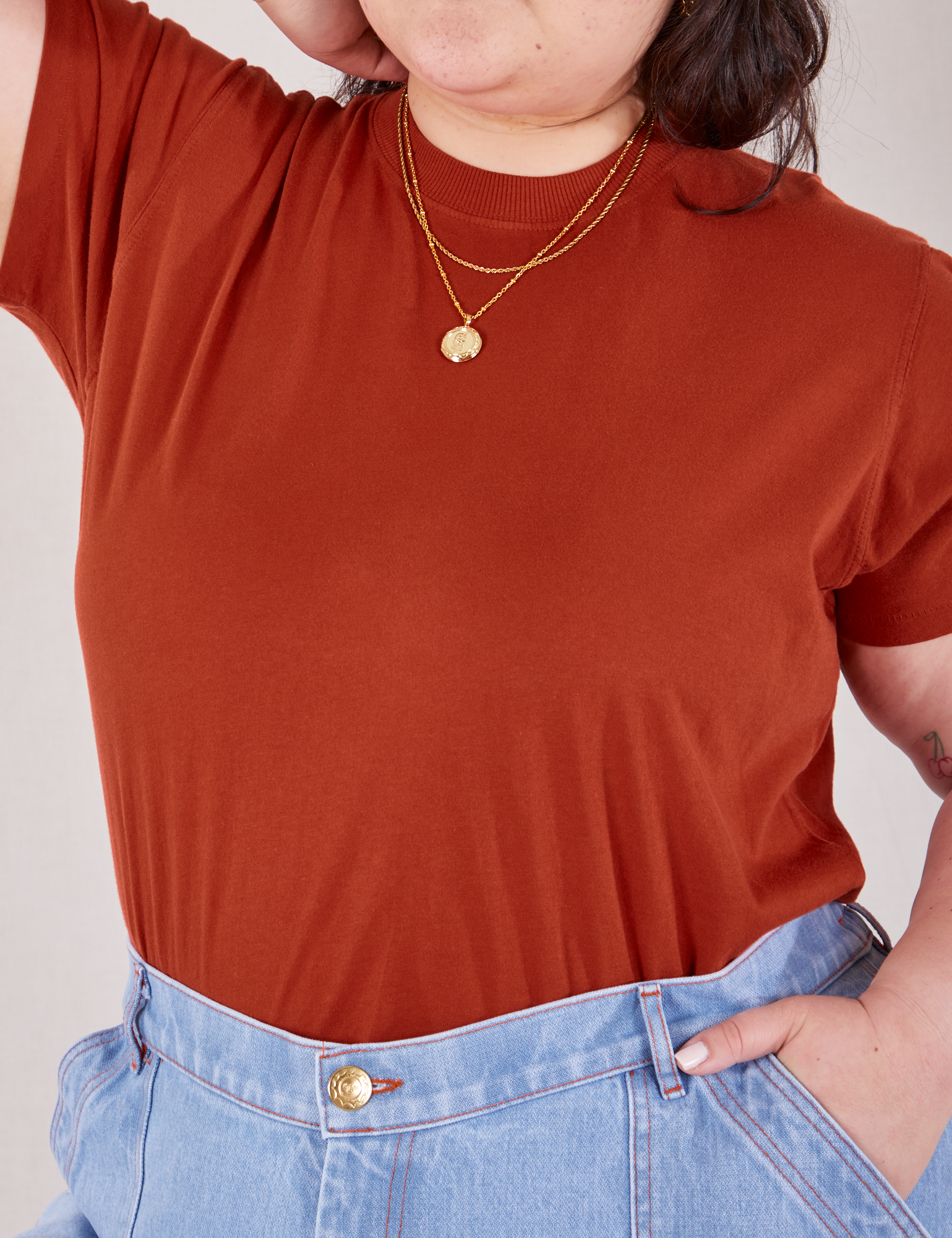 Organic Vintage Tee in Paprika front close up on Ashley
