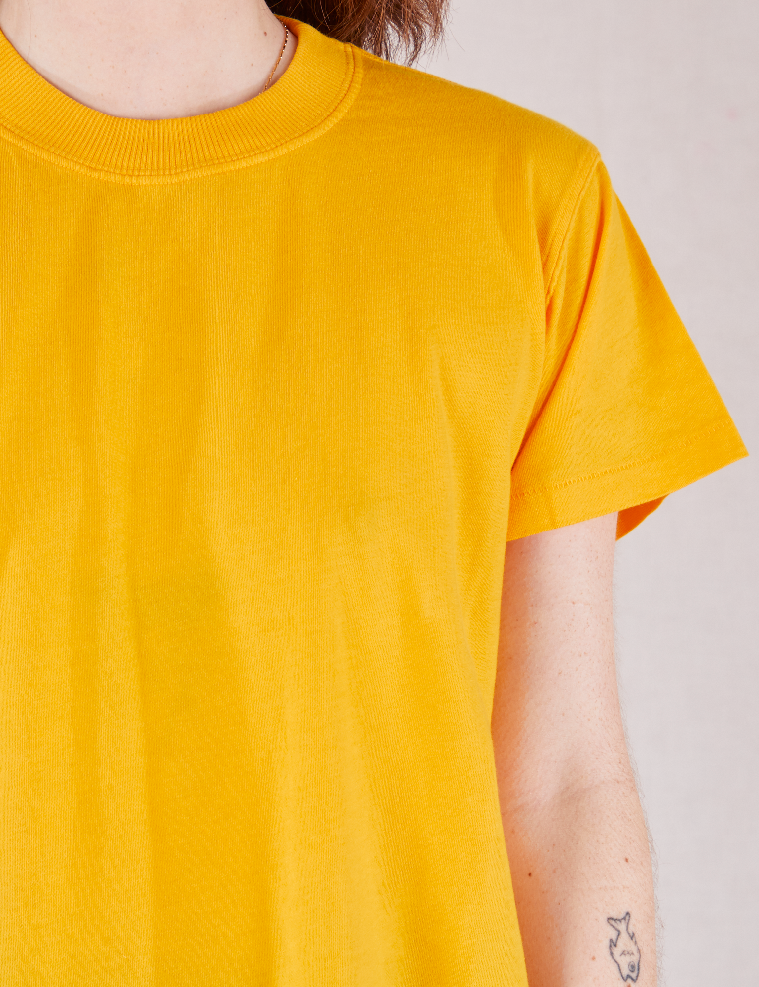 Organic Vintage Tee in Sunshine Yellow front close up on Hana