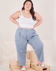 Ashley is wearing Organic Trousers in Periwinkle and Cropped Cami in vintage tee off-white