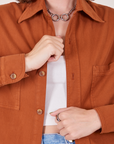 Front close up of Oversize Overshirt in Burnt Terracotta on Alex