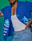 Close up of Paintstamped Pantry Button-Up in Daisy on Jesse
