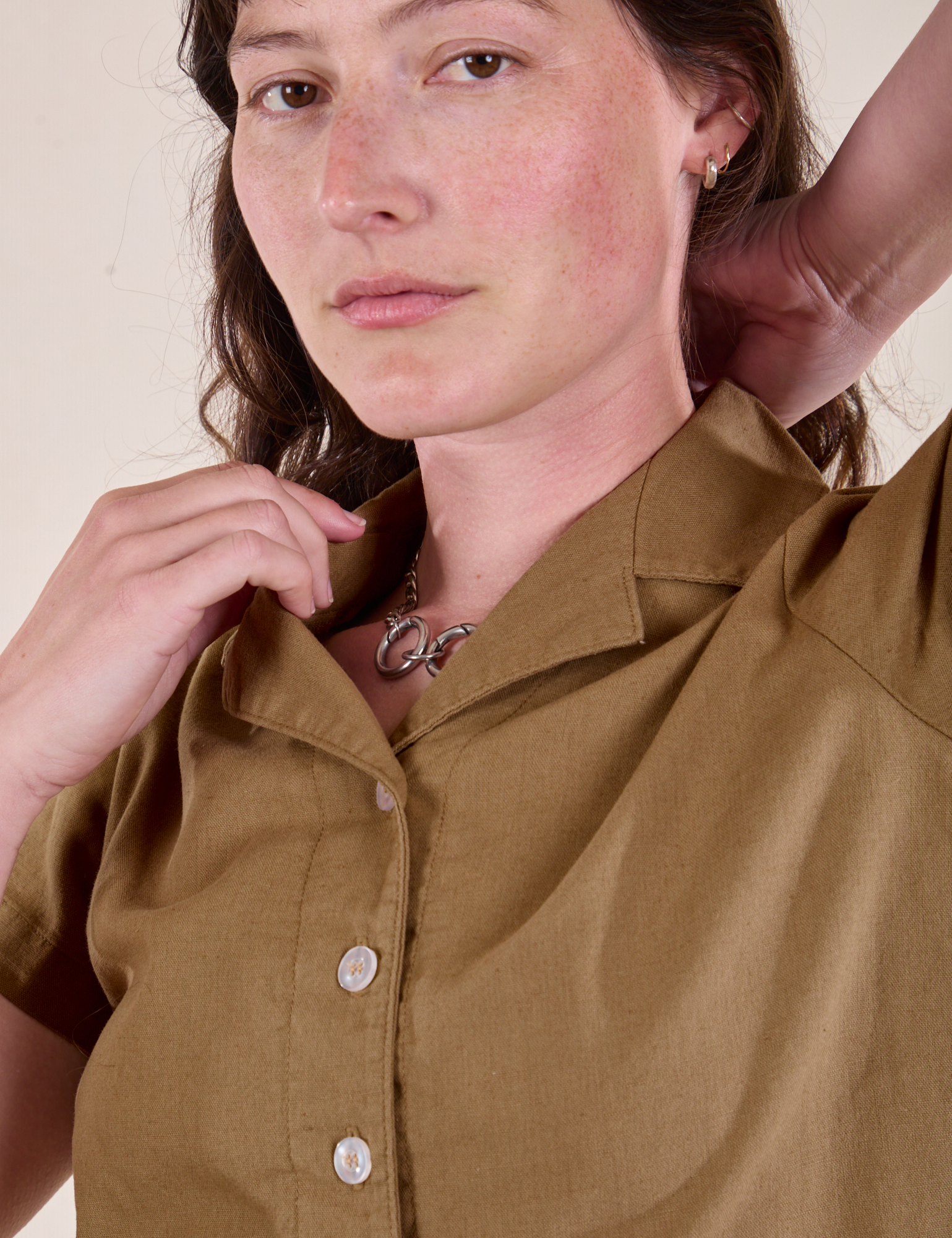 Pantry Button-Up in Desert Brown front close up on Alex