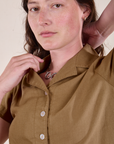 Pantry Button-Up in Desert Brown front close up on Alex