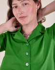 Pantry Button-Up in Kelly Green front close up on Alex