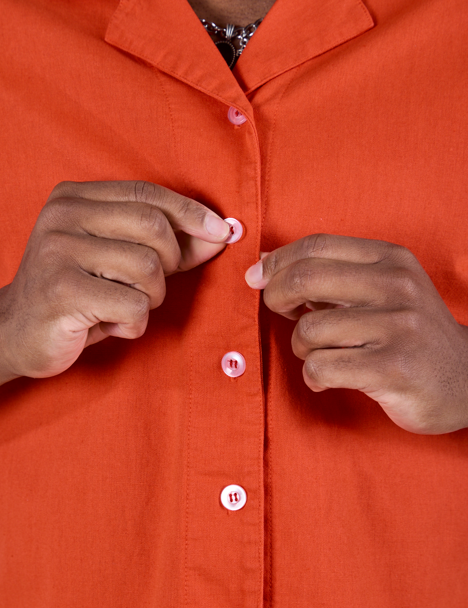 Pantry Button-Up in Chili Red front close up on Isaac