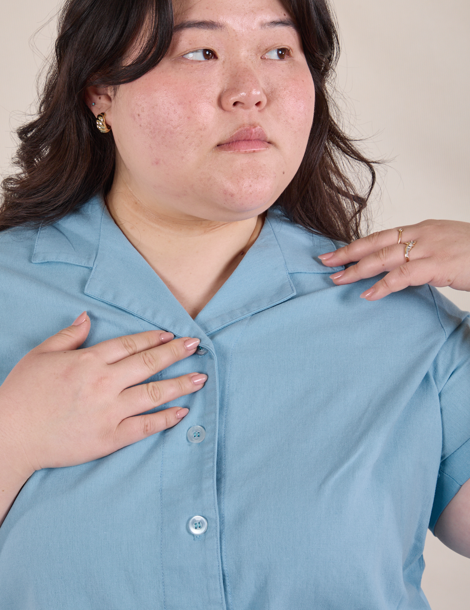 Pantry Button-Up in Baby Blue front close up on Ashley