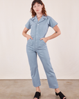 Alex is 5'8" and wearing XS Short Sleeve Jumpsuit in Periwinkle