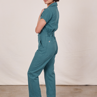 Petite Short Sleeve Jumpsuit in Marine Blue side view on Soraya