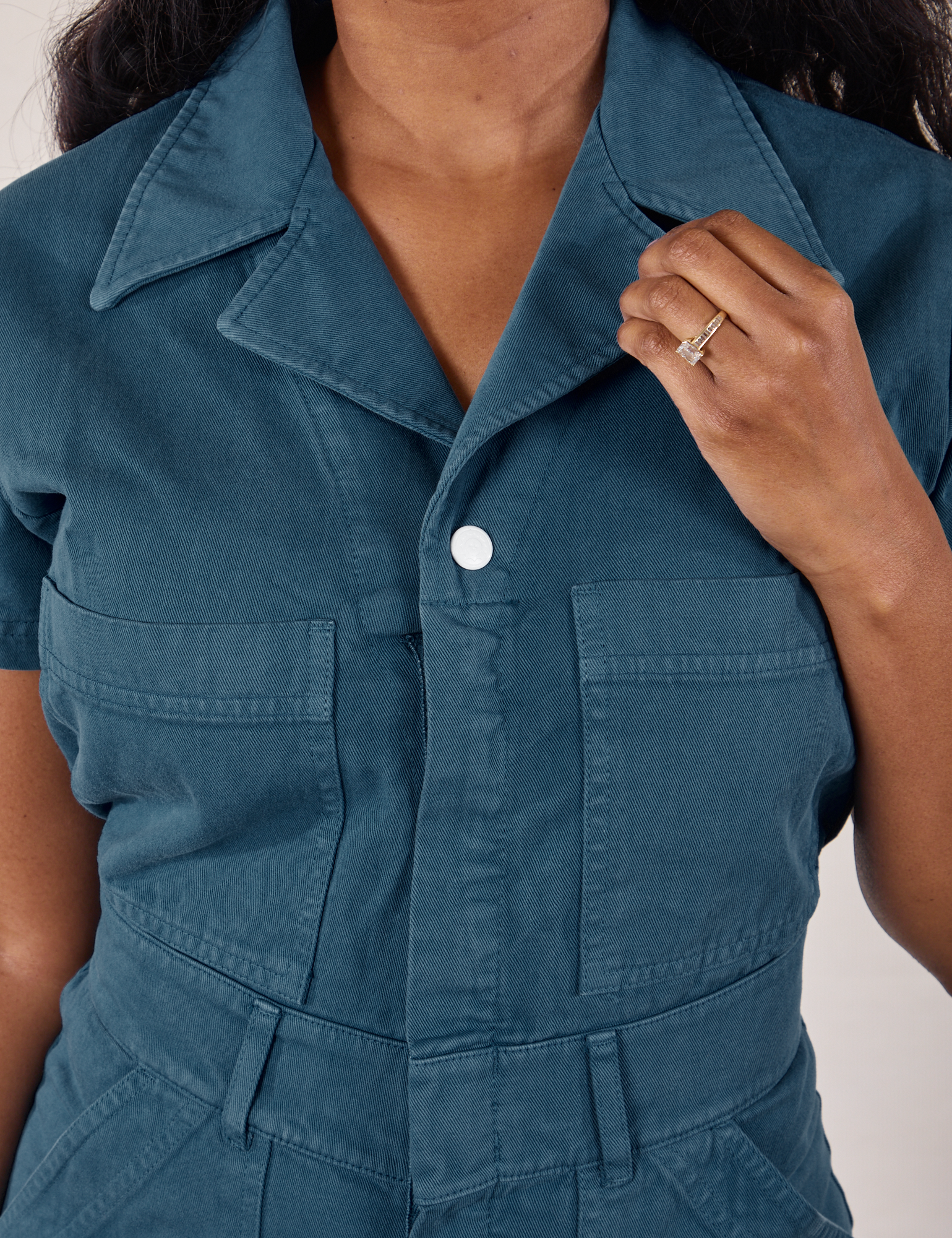 Petite Short Sleeve Jumpsuit in Lagoon front close up on Kandia