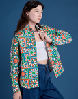 Angled front view of Cropped Overshirt in Quilt Print on Alex