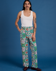Anthony is 5’6” and wearing S Work Pants in Quilt Print paired with a vintage tee off-white Tank Top
