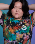 Classic Tee in Rainbow Magic Waters front close up on Ashley