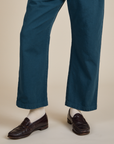 Short Sleeve Jumpsuit in Lagoon pant leg close up on Quinn